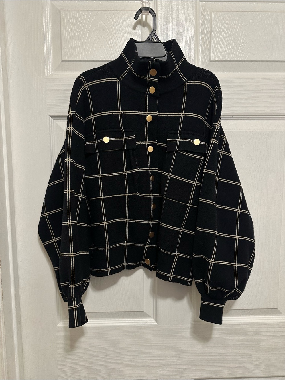 Oliver O Womens Black Windowpane Plaid Knit Sweater Jacket Gold Buttons Size L